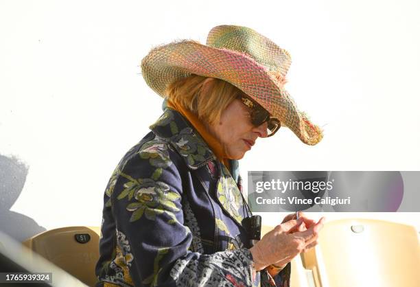 Trainer Gai Waterhouse is seen filing her nails ahead of Derby Day Breakfast With The Best gallops at Flemington Racecourse on October 31, 2023 in...