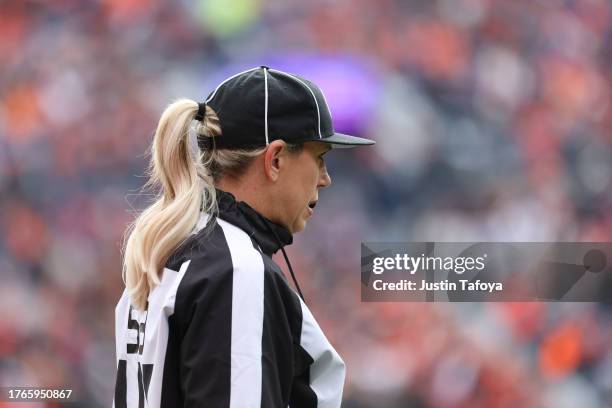 Down judge Sarah Thomas officiates the game between the Denver Broncos and the Kansas City Chiefs at Empower Field At Mile High on October 29, 2023...