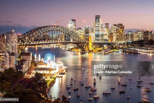 sydney skyline at dusk, australia - sydney harbour bridge night imagens e fotografias de stock