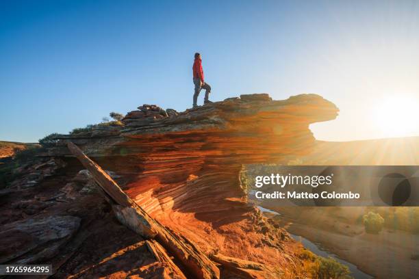 man on top of rock, kalbarri national park, western australia - aussie stock pictures, royalty-free photos & images