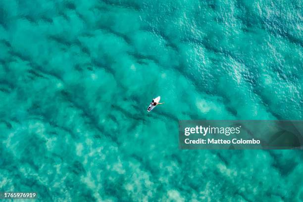 aerial view of surfer in the ocean, surfers paradise - turquoise stock pictures, royalty-free photos & images