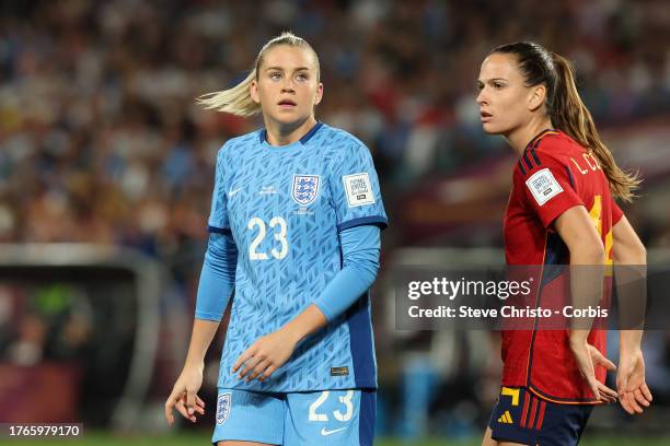 Alessia Russo of England is marked by Spain's Laia Codina during the FIFA Women's World Cup Australia & New Zealand 2023 Final match between Spain...