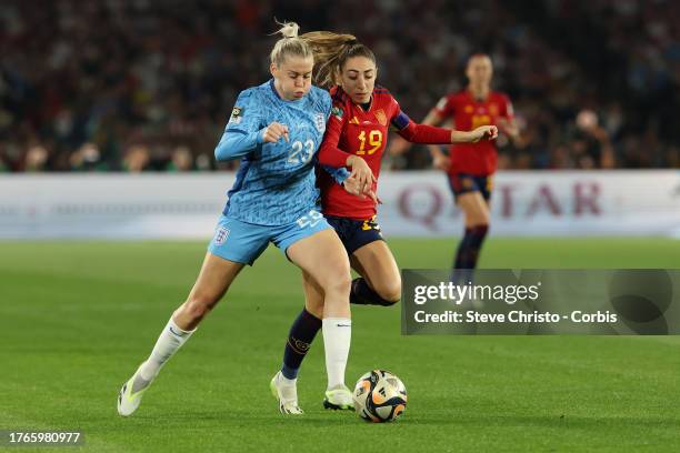 Alessia Russo of England competes for the ball with Spain's Olga Carmona during the FIFA Women's World Cup Australia & New Zealand 2023 Final match...