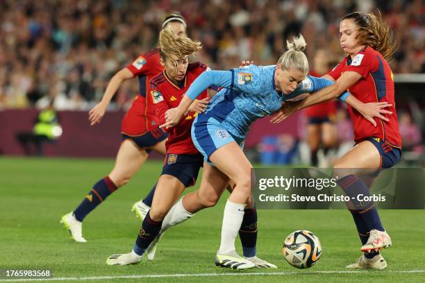 Alessia Russo of England competes for the ball with Spain's Olga Carmona during the FIFA Women's World Cup Australia & New Zealand 2023 Final match...