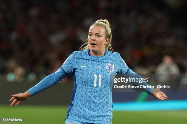 Lauren Hemp of England remonstrates to one of the officials during the FIFA Women's World Cup Australia & New Zealand 2023 Final match between Spain...