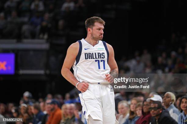 Luka Doncic of the Dallas Mavericks reacts during the first half against the Memphis Grizzlies at FedExForum on October 30, 2023 in Memphis,...