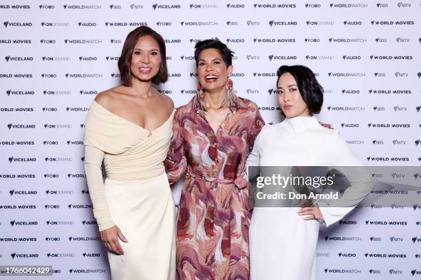 Janice Peterson, Narelda Jacobs and Melissa Leong attend the SBS 2024 Upfront at Sydney Town Hall on October 31, 2023 in Sydney, Australia.