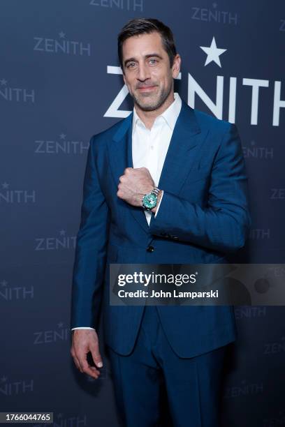 Aaron Rodgers attends as Aaron Rodgers & Zenith unveil his limited edition design at the Magic Room at the LVMH Tower on October 30, 2023 in New York...