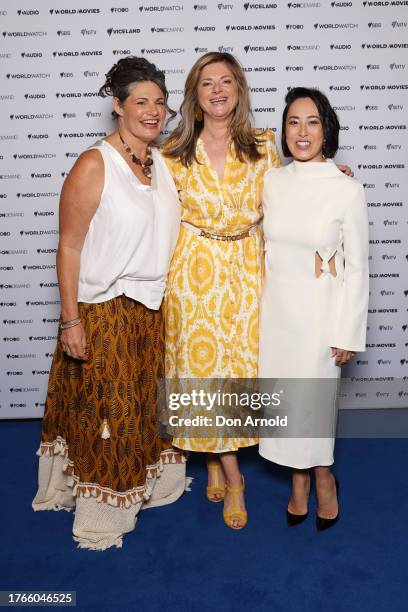 Gina Chick, Julia Zemiro and Melissa Leong attend the SBS 2024 Upfront at Sydney Town Hall on October 31, 2023 in Sydney, Australia.