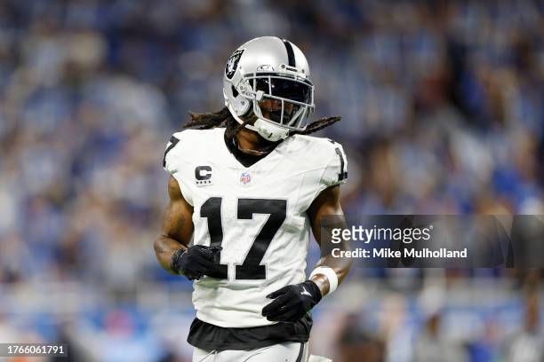 Davante Adams of the Las Vegas Raiders looks on in the second quarter against the Detroit Lions at Ford Field on October 30, 2023 in Detroit,...