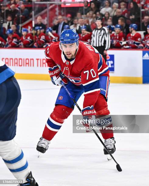 Tanner Pearson of the Montreal Canadiens skates during the second period against the Winnipeg Jets at the Bell Centre on October 28, 2023 in...