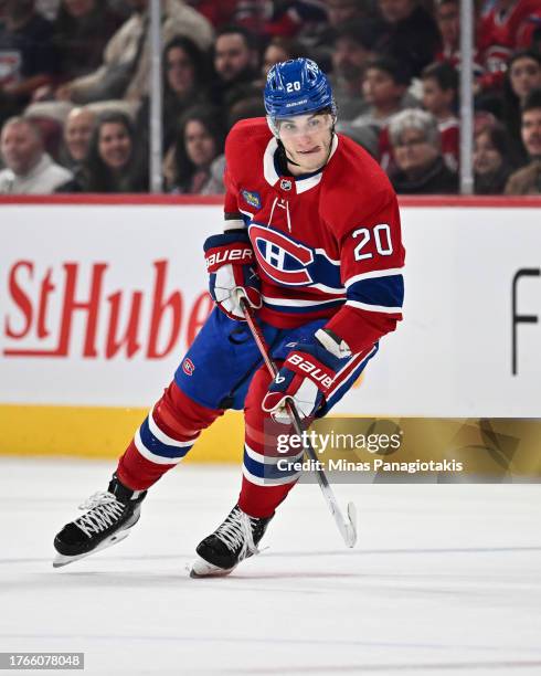 Juraj Slafkovsky of the Montreal Canadiens skates during the second period against the Winnipeg Jets at the Bell Centre on October 28, 2023 in...