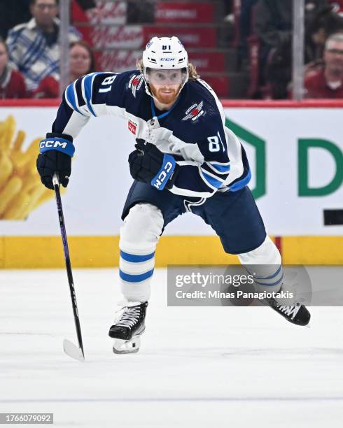 Kyle Connor of the Winnipeg Jets skates during the third period against the Montreal Canadiens at the Bell Centre on October 28, 2023 in Montreal,...