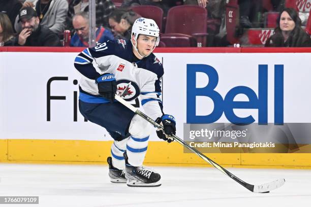 Cole Perfetti of the Winnipeg Jets skates during the third period against the Montreal Canadiens at the Bell Centre on October 28, 2023 in Montreal,...