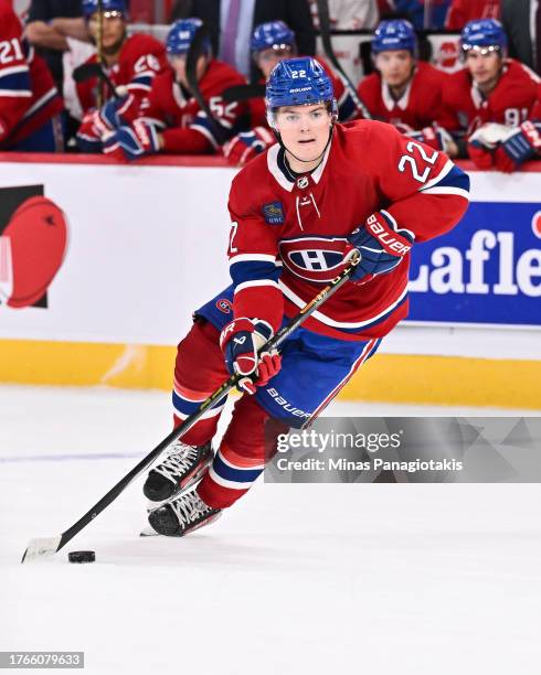 Cole Caufield of the Montreal Canadiens skates the puck during overtime against the Winnipeg Jets at the Bell Centre on October 28, 2023 in Montreal,...