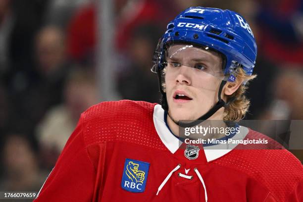 Kaiden Guhle of the Montreal Canadiens skates during the third period against the Winnipeg Jets at the Bell Centre on October 28, 2023 in Montreal,...