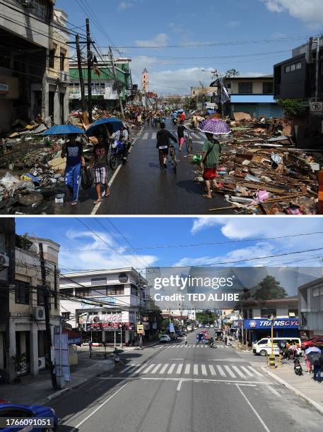 This combination image of two photographs created on October 24, 2023 shows people walking past rubble and debris near the intersection of Burgos and...