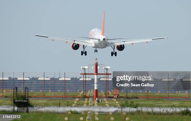 Passenger plane arrives at Schoenefeld Airport, which is adjacent to the new Willy Brandt Berlin Brandenburg International Airport, on August 16,...