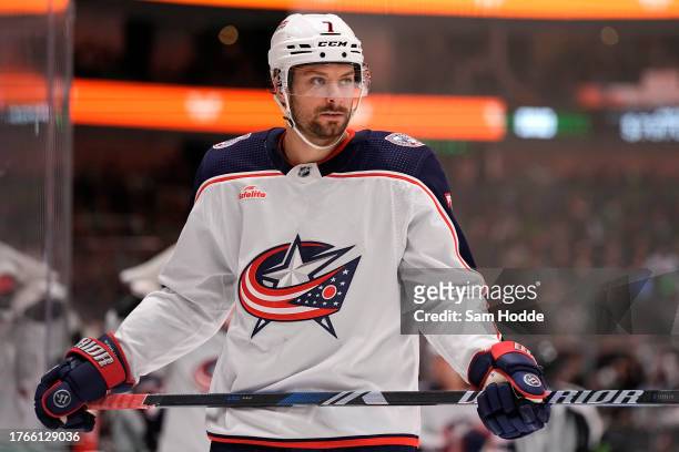 Sean Kuraly of the Columbus Blue Jackets looks on during a break in play during the second period against the Dallas Stars at American Airlines...