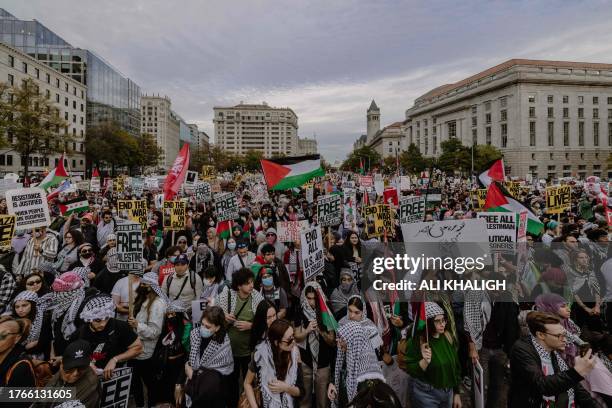 Washington DC, USA. People wave the Palestinian flag and hold placards during a demonstration of solidarity with Palestinians. Demonstrators gathered...