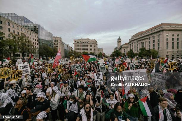 Washington DC, USA. People wave the Palestinian flag and hold placards during a demonstration of solidarity with Palestinians. Demonstrators gathered...