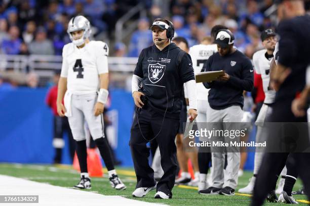 Head coach Josh McDaniels of the Las Vegas Raiders looks on in the third quarter against the Detroit Lions at Ford Field on October 30, 2023 in...