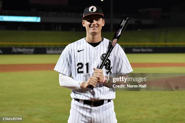 Colson Montgomery of the Glendale Desert Dogs poses with the 2023 Most Valuable Player Award after the 2023 Fall Stars Game between the American...