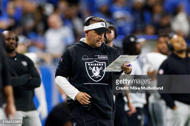 Head coach Josh McDaniels of the Las Vegas Raiders looks on in the fourth quarter against the Detroit Lions at Ford Field on October 30, 2023 in...