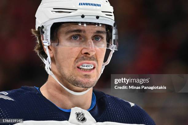 Mark Scheifele of the Winnipeg Jets looks on as he skates during the first period against the Montreal Canadiens at the Bell Centre on October 28,...