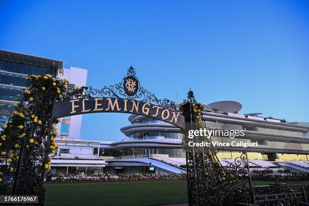 General view of the Flemington archway during Derby Day Breakfast With The Best gallops at Flemington Racecourse on October 31, 2023 in Melbourne,...