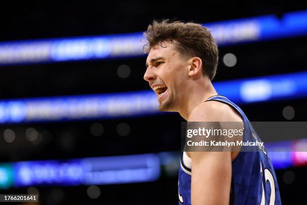 Franz Wagner of the Orlando Magic reacts to a play during the second quarter against the Los Angeles Lakers at Crypto.com Arena on October 30, 2023...