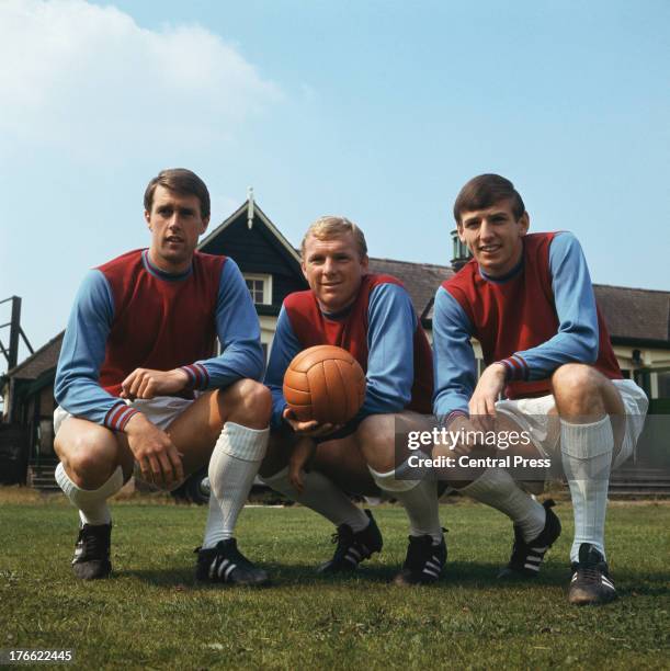 West Ham and England footballers , Geoff Hurst, Bobby Moore and Martin Peters, 1966. All three are members of the1966 World Cup-winning England team.