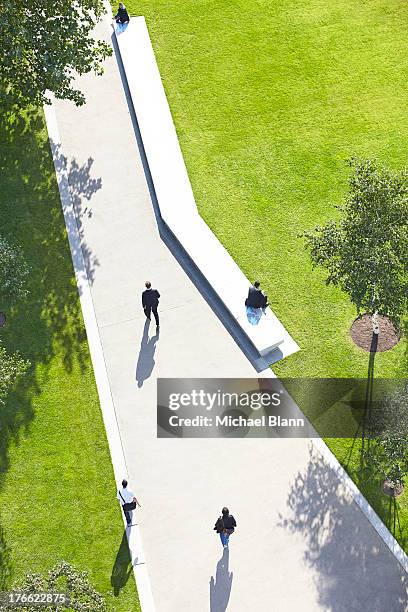 people in city from above, aerial - pedestrian walkway stock-fotos und bilder