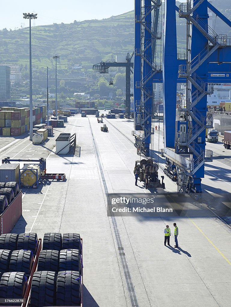 Shipping docks and containers seen from above