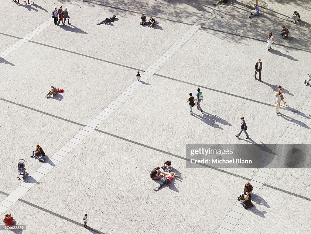 People in city seen from above, aerial