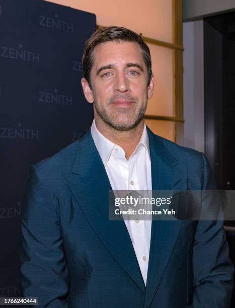 Aaron Rodgers attends as Aaron Rodgers & Zenith unveil his limited edition design at the Magic Room at the LVMH Tower on October 30, 2023 in New York...