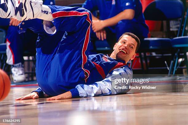 Drazen Petrovic of the New Jersey Nets stretches against the Sacramento Kings on January 28, 1992 at Arco Arena in Sacramento, California. NOTE TO...