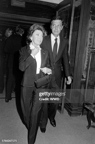 Berthe Jourdan and Louis Jourdan attend a party at the Bistro restaurant in Beverly Hills, California, on March 29, 1982.