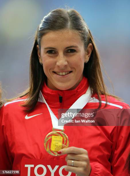 Gold medalist Zuzana Hejnova of the Czech Republic on the podium during the medal ceremony for the Women's 400 metres hurdles during Day Seven of the...