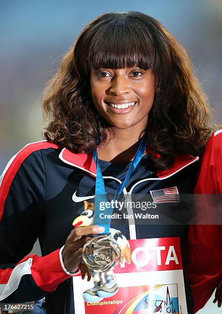 Silver medalist Dalilah Muhammad of the United States on the podium during the medal ceremony for the Women's 400 metres hurdles during Day Seven of...