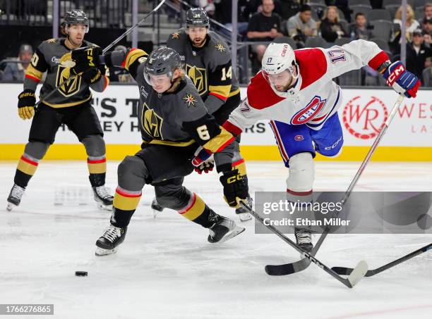 Kaedan Korczak of the Vegas Golden Knights defends a shot attempt by Josh Anderson of the Montreal Canadiens in the third period of their game at...