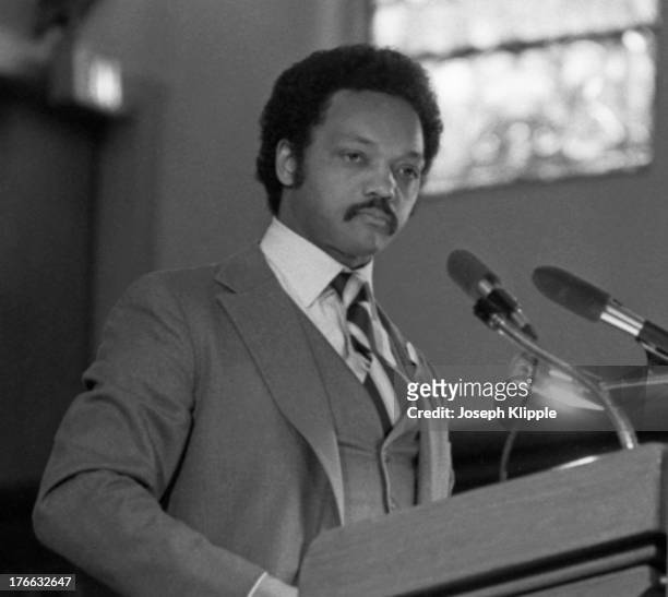 American religious and Civil Rights leader Reverend Jesse Jackson delivers an address from the pulpit at Shiloh Baptist Church, Washington DC, May 3,...