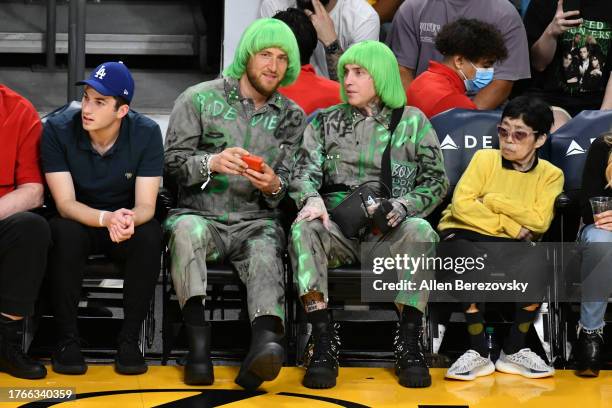 Mike Posner and blackbear attend a basketball game between the Los Angeles Lakers and the Orlando Magic at Crypto.com Arena on October 30, 2023 in...