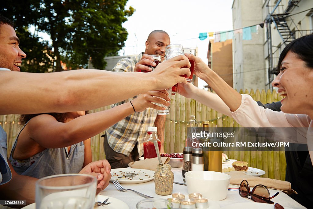 Group of friends toasting with drinks at garden party