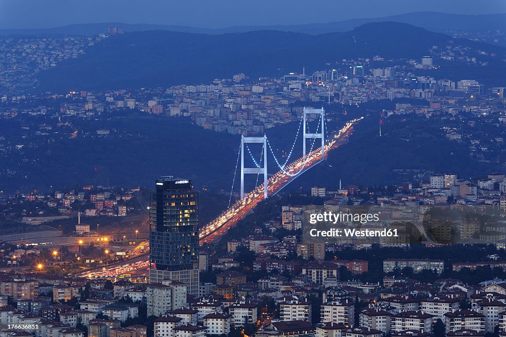 Europe, Turkey, Istanbul, View of financial district with Fatih Sultan Mehmet Bridge