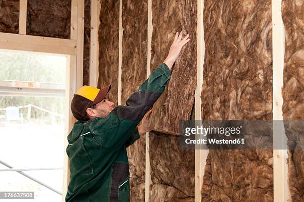 europe, germany, rhineland palatinate, worker placing thermal felt insulation inside house - thermal image fotografías e imágenes de stock