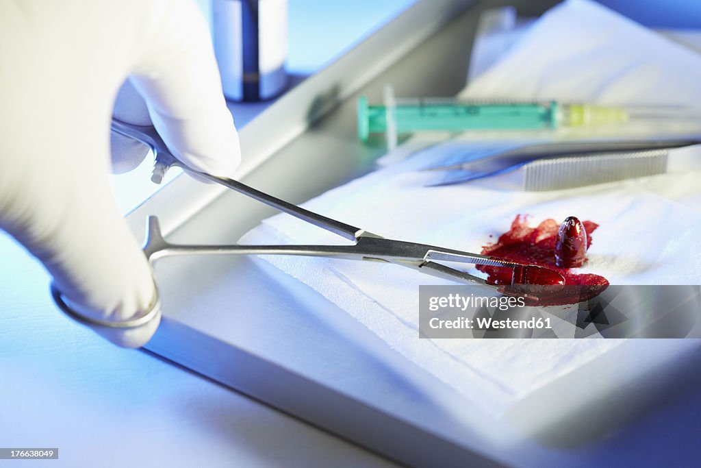Human hand with tweezers, bullet and blood, studio shot