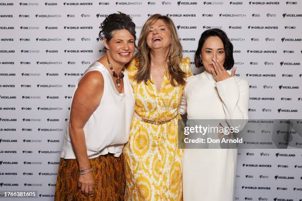 Gina Chick, Julia Zemiro and Melissa Leong attend the SBS 2024 Upfront at Sydney Town Hall on October 31, 2023 in Sydney, Australia.