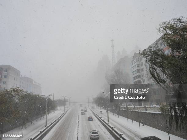 View of the first snowstorm of 2023 in Harbin, Heilongjiang Province, China, November 6, 2023.