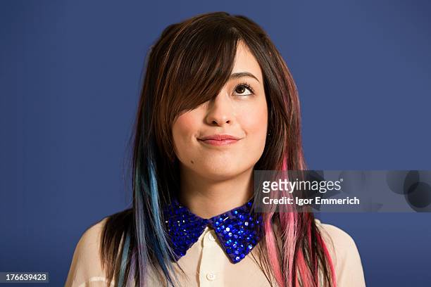 portrait of young woman with dyed hair and blue sequin collar - 襟 ストックフォトと画像